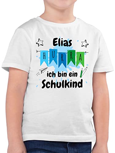 Kinder T-Shirt Jungen - Einschulung Schulanfang Junge - Hurra ich Bin EIN Schulkind - 128 (7/8 Jahre) - Weiß - Schule personalisierte Shirt Tshirt t einschulgeschenk Shirts Name zur von Geschenk mit Namen personalisiert by Shirtracer