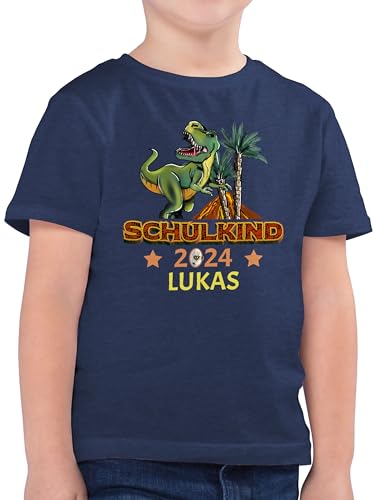 Kinder T-Shirt Jungen - Einschulung Schulanfang Junge - Schulkind 2024 T-Rex Dino Dinosaurier - 128 (7/8 Jahre) - Dunkelblau Meliert - einschulungsgeschenk erstklaessler Tshirt t- Shirt t von Geschenk mit Namen personalisiert by Shirtracer