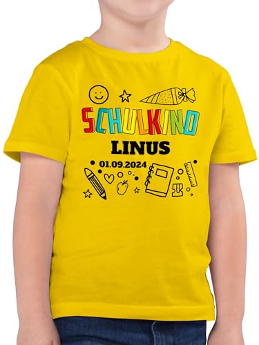 Kinder T-Shirt Jungen - Einschulung Schulanfang Junge - Schulkind Scribble - 128 (7/8 Jahre) - Gelb - Tshirt Name Shirt zur grundschule t Dinge und Outfit Schule schulanfänger von Geschenk mit Namen personalisiert by Shirtracer