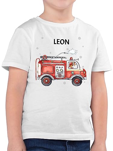 Kinder T-Shirt Jungen - Feuerwehr Auto Feuerwehrauto 112 Fire Truck Löschfahrzeug - 104 (3/4 Jahre) - Weiß - Tshirt Name t Shirt Junge personalisierte Geschenke Kind Oberteil Jungs von Geschenk mit Namen personalisiert by Shirtracer