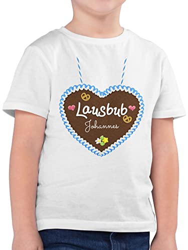 Kinder T-Shirt Jungen - Kompatibel Oktoberfest - Lausbub - Lebkuchenherz und Dein Name - 116 (5/6 Jahre) - Weiß - Junge Shirt Tshirt für personalisierte Tshirts trachtenshirt Kind lausbua t Shirts von Geschenk mit Namen personalisiert by Shirtracer