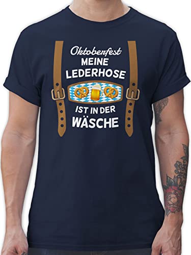 T-Shirt Herren - Kompatibel Oktoberfest - Meine Lederhose ist in der Wäsche - bairische Maß mit Brezen - L - Navy Blau - Shirts Lederhosen Outfit bayrisches bayrische männer Tshirt bayrisch von Geschenk mit Namen personalisiert by Shirtracer