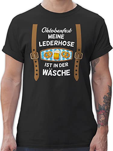 T-Shirt Herren - Kompatibel Oktoberfest - Meine Lederhose ist in der Wäsche - bairische Maß mit Brezen - M - Schwarz - Bayern Lederhosen Shirt Outfit Tshirts für männer t-Shirts Shirts t-schirt von Geschenk mit Namen personalisiert by Shirtracer