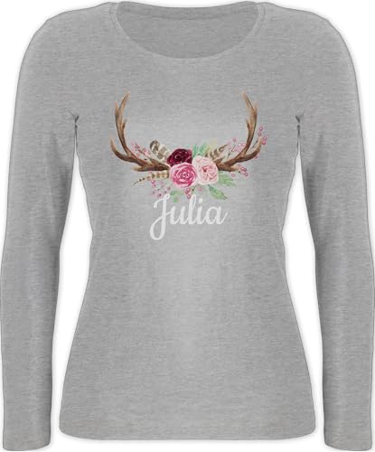 Langarmshirt Damen - Kompatibel Oktoberfest - Geweih mit Name - L - Grau meliert - trachtenshirt Langarm bayrisches Outfit Trachten Hirsch Shirt trachtenshirts Tracht t-Shirt bayrischer+Abend+Outfit von Geschenk mit Namen personalisiert by Shirtracer