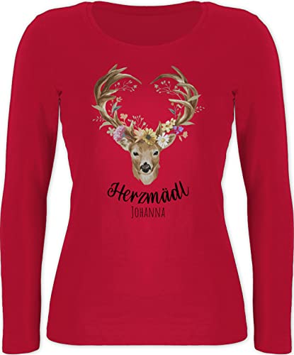 Langarmshirt Damen - Kompatibel Oktoberfest - Herzmädl Hirsch Geweih Hirschgeweih MADL - XL - Rot - t-Shirt Langarm bayrisches Outfit Trachten Name Shirt trachtenshirt Tracht Herz Shirts von Geschenk mit Namen personalisiert by Shirtracer