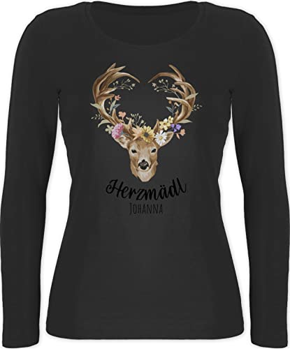 Langarmshirt Damen - Kompatibel Oktoberfest - Herzmädl Hirsch Geweih Hirschgeweih MADL - XL - Schwarz - t-Shirt Langarm bayrisches Outfit Trachten Name Shirt trachtenshirt Tracht Herz Shirts von Geschenk mit Namen personalisiert by Shirtracer