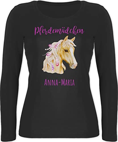 Langarmshirt Damen - Pferd - Pferdemädchen Wunschname - Pferde Geschenk Mädchen Personalisierte Geschenke Pferdemädchen Geschenke für Mädchen Reiten Sachen mit Namen - XS - Schwarz von Geschenk mit Namen personalisiert by Shirtracer