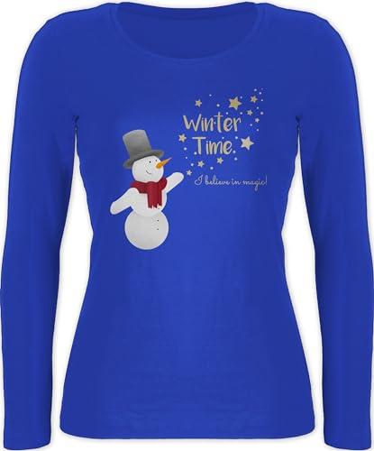 Langarmshirt Damen - Weihnachten - Schneemann mit Wunschtext Text I Winter Time - L - Blau - weihnachtsshirts Langarm weihnachtsoberteil weinachts Shirt Christmas Tshirt langärmliges wintermotiv von Geschenk mit Namen personalisiert by Shirtracer