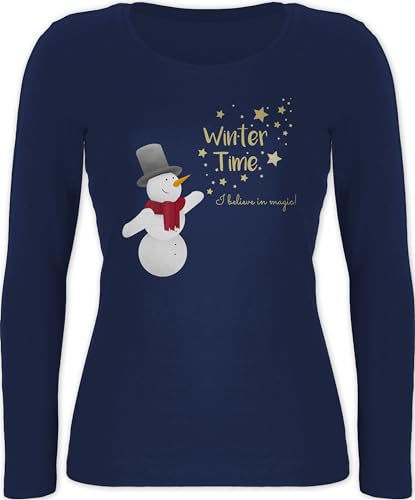 Langarmshirt Damen - Weihnachten - Schneemann mit Wunschtext Text I Winter Time - M - Marineblau - weihnachtsshirts Langarm weihnachtsoberteil weinachts Shirt Christmas Tshirt von Geschenk mit Namen personalisiert by Shirtracer