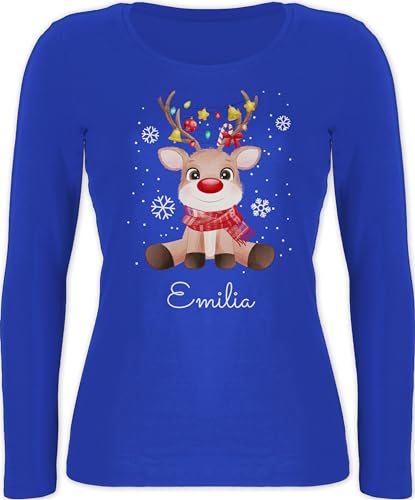 Langarmshirt Damen - Weihnachten - Süßes Rentier mit Name Wunschtext - XL - Blau - Weihnachts weinachts Christmas weihnachtliches weihnacht Weinachten Personalisieren Frohe Geschenke vor zu von Geschenk mit Namen personalisiert by Shirtracer