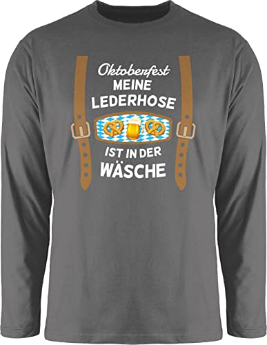 Langarmshirt Herren Langarm Shirt - Kompatibel Oktoberfest - Meine Lederhose ist in der Wäsche - bairische Maß mit Brezen - 3XL - Dunkelgrau - bayerische Kleidung Trachten Lederhosen Tshirt Bayern von Geschenk mit Namen personalisiert by Shirtracer