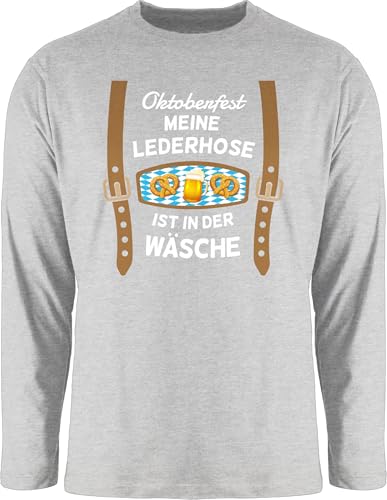 Langarmshirt Herren Langarm Shirt - Kompatibel Oktoberfest - Meine Lederhose ist in der Wäsche - bairische Maß mit Brezen - L - Grau meliert - bayerische Kleidung Trachten Lederhosen Tshirt Bayern von Geschenk mit Namen personalisiert by Shirtracer