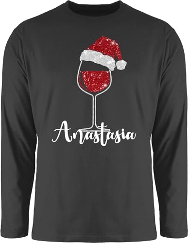 Langarmshirt Herren Langarm Shirt - Weihnachten Geschenke Christmas - Weinglas mit Weihnachtsmütze in Glitzeroptik und Name - L - Schwarz - Weihnachts weihnacht Glitzer Longsleeve weihnachtsshirt von Geschenk mit Namen personalisiert by Shirtracer