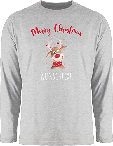 Langarmshirt Herren Langarm Shirt - Weihnachten Geschenke - Merry Christmas Rentier mit Sternen - M - Grau meliert - personalisiertes Weihnachts 2023 Frohe personalisierte Name weihnachtsmotiv und von Geschenk mit Namen personalisiert by Shirtracer