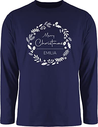 Langarmshirt Herren Langarm Shirt - Weihnachten Geschenke - Merry Christmas Wunschname - Kranz weiß - S - Navy Blau - personalisiertes Weihnachts personalisierte Name 2023 weihnachtsmotiv und Frohe von Geschenk mit Namen personalisiert by Shirtracer