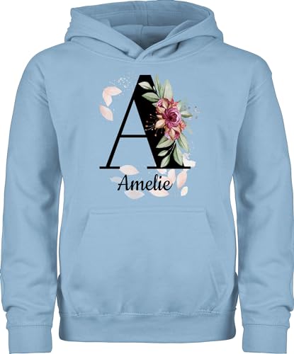 Kinder Hoodie Jungen Mädchen - Anfangsbuchstabe - Buchstabe anpassbar mit Name I Geschenk Initialen - 140 (9/11 Jahre) - Hellblau - Blumen Pullover Pulli selbst gestalten Buchstaben a reitpullover von Geschenk mit Namen personalisiert by Shirtracer