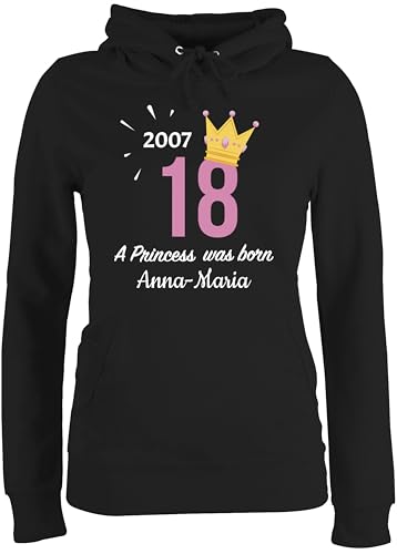 Pullover Damen Hoodie Frauen - 18. Geburtstag - 2007 A Princess was Born - zum Achzehnten - mit Name - XS - Schwarz - 18 mädchen Pulli 18.Geburtstag Hoody 18ter 18.Ten volljährig und .Geburtstag von Geschenk mit Namen personalisiert by Shirtracer