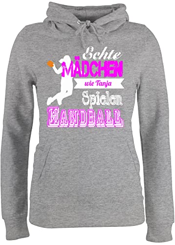 Pullover Damen Hoodie Frauen - Geschenke Zubehör - Echte Mädchen Spielen Handball - mit Name - L - Grau meliert - Handballer echt Pulli Kapuzenpulli Hoody Hoodies von Geschenk mit Namen personalisiert by Shirtracer