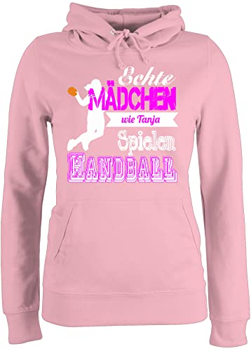 Pullover Damen Hoodie Frauen - Geschenke Zubehör - Echte Mädchen Spielen Handball - mit Name - M - Hellrosa - Handballer Handballerin Pulli von Maedchen Kapuzenpulli wm echt Hoody von Geschenk mit Namen personalisiert by Shirtracer