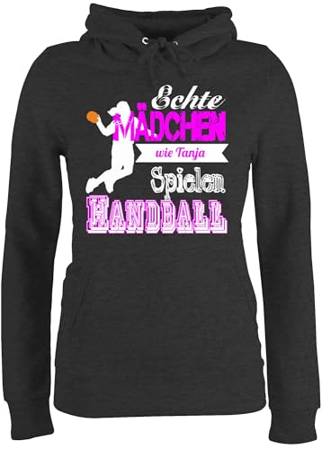 Pullover Damen Hoodie Frauen - Geschenke Zubehör - Echte Mädchen Spielen Handball - mit Name - S - Anthrazit meliert - Handballer Handballerin Pulli von Maedchen Kapuzenpulli wm echt Hoody von Geschenk mit Namen personalisiert by Shirtracer