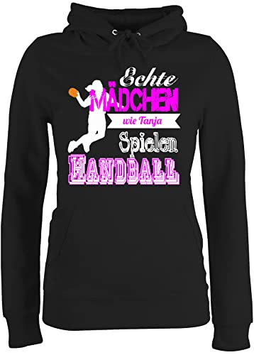 Pullover Damen Hoodie Frauen - Geschenke Zubehör - Echte Mädchen Spielen Handball - mit Name - XS - Schwarz - Handballer Handballerin Pulli von Maedchen Kapuzenpulli wm echt Hoody von Geschenk mit Namen personalisiert by Shirtracer
