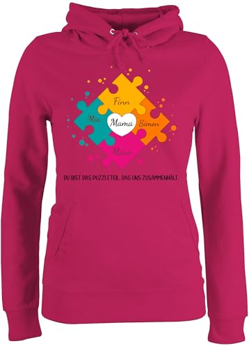 Pullover Damen Hoodie Frauen - Muttertag - Muttertagsgeschenk für Mama von 4 Kindern Puzzlestücke I Geschwister Geschenk mit Namen von Vier Töchtern für Mutter Geschenk Weihnachten - L - Fuchsia von Geschenk mit Namen personalisiert by Shirtracer