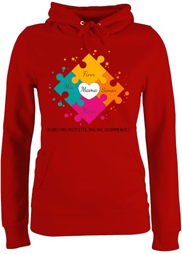 Pullover Damen Hoodie Frauen - Muttertag - Muttertagsgeschenk für Mama von 4 Kindern Puzzlestücke I Geschwister Geschenk mit Namen von Vier Töchtern für Mutter Geschenk Weihnachten - L - Rot von Geschenk mit Namen personalisiert by Shirtracer