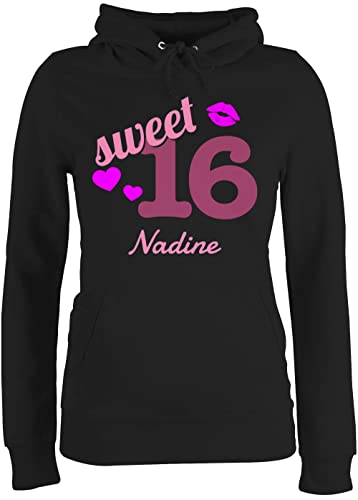 Geschenk mit Namen personalisiert by Shirtracer Pullover Damen Hoodie Frauen - 16. Geburtstag - Sweet Sixteen - Kussmund Herz Name - zum Sechzehnten - M - Schwarz - 16 pullis Jahre Hoodies Pulli von Geschenk mit Namen personalisiert by Shirtracer