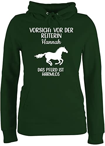Pullover Damen Hoodie Frauen - Pferde - Vorsicht vor der Reiterin - Name - das Pferd ist harmlos weiß - XXL - Dunkelgrün - Pulli pferden Hoody Personalisieren pferdemotiv mädchen pferdeliebhaber von Geschenk mit Namen personalisiert by Shirtracer