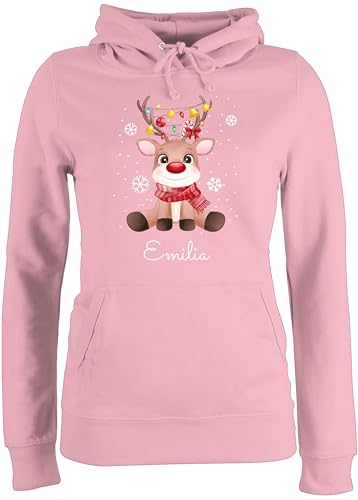 Pullover Damen Hoodie Frauen - Süßes Rentier mit Name Wunschtext I Geschenk Rentier Weihnachten I Rudolph Reindeer Rudolf - L - Hellrosa - Weihnachts weinachts Xmas Hoody Familie Weinachten elch von Geschenk mit Namen personalisiert by Shirtracer