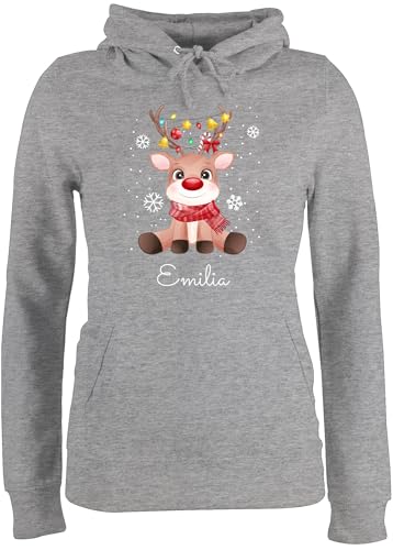 Pullover Damen Hoodie Frauen - Süßes Rentier mit Name Wunschtext I Geschenk Rentier Weihnachten I Rudolph Reindeer Rudolf - XL - Grau meliert - Weihnachts weinachts Xmas Hoody Familie Weinachten von Geschenk mit Namen personalisiert by Shirtracer