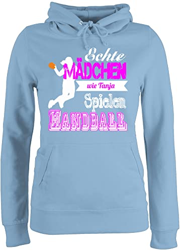 Pullover Damen Hoodie Frauen - Geschenke Zubehör - Echte Mädchen Spielen Handball - mit Name - L - Hellblau - Handballer echt Kapuzenpulli Pulli Hoodies Hoody von Geschenk mit Namen personalisiert by Shirtracer