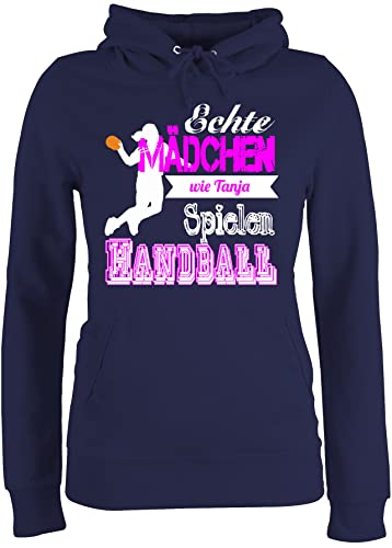 Pullover Damen Hoodie Frauen - Geschenke Zubehör - Echte Mädchen Spielen Handball - mit Name - XS - Navy Blau - Handballer echt Hoody Kapuzenpulli Hoodies Pulli von Geschenk mit Namen personalisiert by Shirtracer