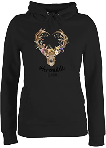 Pullover Damen Hoodie Frauen - Kompatibel Oktoberfest - Herzmädl Hirsch Geweih Hirschgeweih Madl - L - Schwarz - trachtenhoody bayrischer trachten name pulli trachtenpullover tracht herz von Geschenk mit Namen personalisiert by Shirtracer