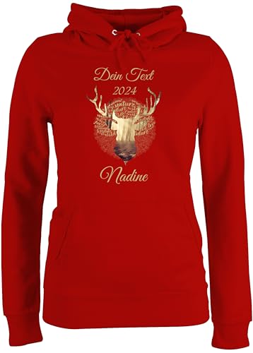 Pullover Damen Hoodie Frauen - Kompatibel Oktoberfest - Tag Cloud - Hirsch und Name in Gold - L - Rot - bayrische goldenem bayern tracht bayrisches bayrischer abend volksfest bayrisch trachten- von Geschenk mit Namen personalisiert by Shirtracer