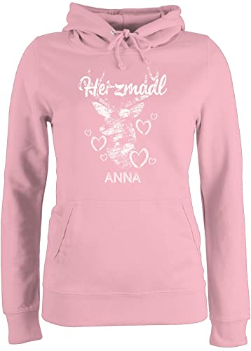 Pullover Damen Hoodie Frauen - Kompatibel Oktoberfest - Herzmadl mit Hirsch und Herzen - L - Hellrosa - Oberteil Hoody Kapuze Kapuzenpullover Trachten bayrische Herz Kapuzenpulli bayrisches von Geschenk mit Namen personalisiert by Shirtracer