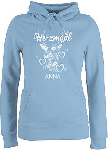 Pullover Damen Hoodie Frauen - Kompatibel Oktoberfest - Herzmadl mit Hirsch und Herzen - S - Hellblau - Bayern Herz Hoody Trachten bayrisches Hoodie- bayrischer Abend Oberteil Frau Trachten- von Geschenk mit Namen personalisiert by Shirtracer