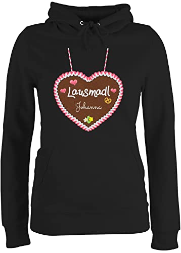 Pullover Damen Hoodie Frauen - Kompatibel Oktoberfest - Lausmadl - Lebkuchenherz und Dein Name - Herzen Blümchen - XS - Schwarz - wunschtext trachten bayrisch bedruckt bayrisches bayrische von Geschenk mit Namen personalisiert by Shirtracer