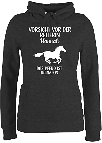 Pullover Damen Hoodie Frauen - Pferde - Vorsicht vor der Reiterin - Name - das Pferd ist harmlos weiß - L - Anthrazit meliert - und Geschenke pferden Sachen für pferdeliebhaber Wunschname Pulli von Geschenk mit Namen personalisiert by Shirtracer