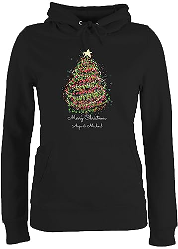 Pullover Damen Hoodie Frauen - Weihnachten Geschenke - Merry Christmas Weihnachtsbaum mit Name - L - Schwarz - Kapuzen Pulli Weihnachts Tannenbaum Hoody weihnacht pullis weihnachtliche von Geschenk mit Namen personalisiert by Shirtracer
