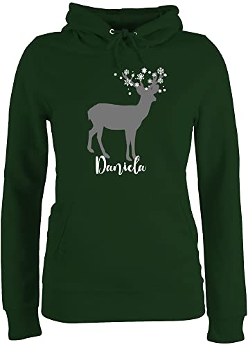 Pullover Damen Hoodie Frauen - Weihnachten Geschenke Christmas - Hirsch mit Schneeflocken und Name - S - Dunkelgrün - weihnachtsmotiv Pulli personalisiertes Weihnachts Weihnachtszeit weihnacht von Geschenk mit Namen personalisiert by Shirtracer