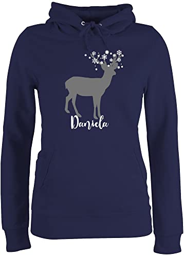 Pullover Damen Hoodie Frauen - Weihnachten Geschenke Christmas - Hirsch mit Schneeflocken und Name - XL - Navy Blau - personalisierte Weihnachts Pulli weihnachtliche weihnachtsmotive Weihnachtszeit von Geschenk mit Namen personalisiert by Shirtracer