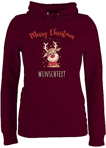 Pullover Damen Hoodie Frauen - Weihnachten Geschenke - Merry Christmas Rentier mit Sternen - L - Burgundrot - personalisiertes Weihnachts Hoodies weihnachtsmotive Hoody weihnacht Pulis von Geschenk mit Namen personalisiert by Shirtracer