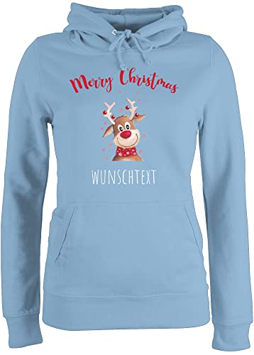 Pullover Damen Hoodie Frauen - Weihnachten Geschenke - Merry Christmas Rentier mit Sternen - XS - Hellblau - Name 2023 weihnachtsmotiv und Frohe personalisierte Weihnachts Kapuzenpullover von Geschenk mit Namen personalisiert by Shirtracer