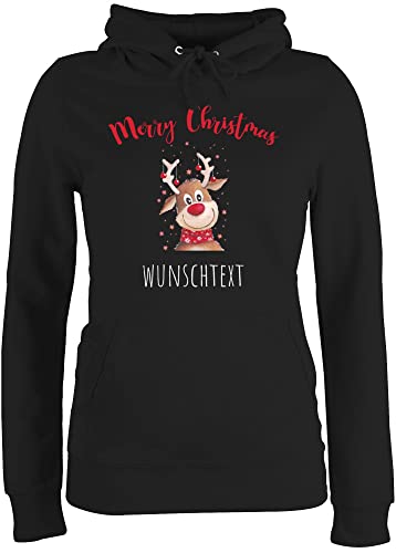 Pullover Damen Hoodie Frauen - Weihnachten Geschenke - Merry Christmas Rentier mit Sternen - XXL - Schwarz - 2023 Frohe personalisierte weihnachtsmotiv und Name 2022 personalisiertes Weihnachts von Geschenk mit Namen personalisiert by Shirtracer