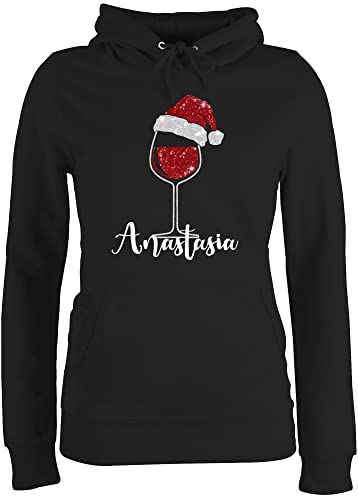 Pullover Damen Hoodie Frauen - Weihnachten Geschenke Christmas - Weinglas mit Weihnachtsmütze in Glitzeroptik und Name - S - Schwarz - Pulli Weihnachts Glitzer Hoodies Kapuzen weihnacht von Geschenk mit Namen personalisiert by Shirtracer