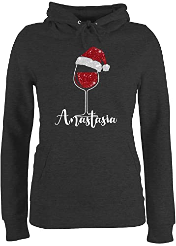 Pullover Damen Hoodie Frauen - Weihnachten Geschenke Christmas - Weinglas mit Weihnachtsmütze in Glitzeroptik und Name - XL - Anthrazit meliert - personalisiertes Weihnachts Pulli weihnacht von Geschenk mit Namen personalisiert by Shirtracer