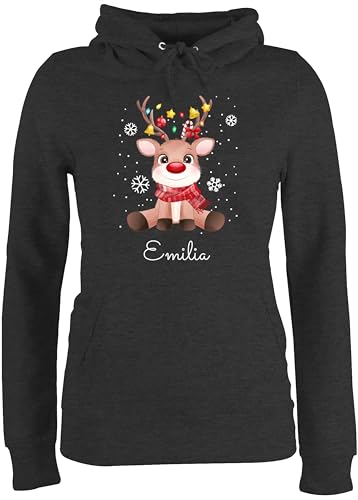 Pullover Damen Hoodie Frauen - Weihnachten - Süßes Rentier mit Name Wunschtext - L - Anthrazit meliert - Weihnachts Baumwolle zu Personalisieren Geschenke Frohe vor Familie Weinachten Baumwoll von Geschenk mit Namen personalisiert by Shirtracer