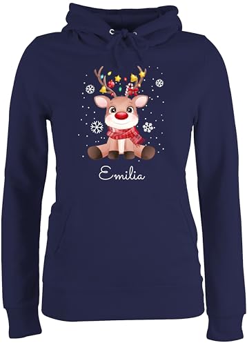 Pullover Damen Hoodie Frauen - Weihnachten - Süßes Rentier mit Name Wunschtext - L - Navy Blau - Weihnachts Weinachten Baumwolle Familie weihnacht Baumwoll Christmas weihnachtliches weinachts von Geschenk mit Namen personalisiert by Shirtracer