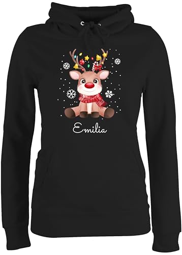 Pullover Damen Hoodie Frauen - Weihnachten - Süßes Rentier mit Name Wunschtext - L - Schwarz - Weihnachts Baumwolle Geschenke vor Familie Christmas Baumwoll Weinachten weinachts weihnacht von Geschenk mit Namen personalisiert by Shirtracer